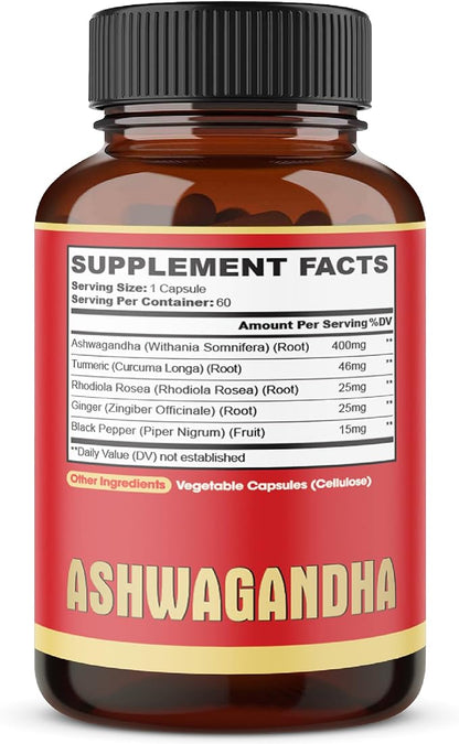 2 Packs - 60 Capsules Ashwagandha Capsules - High Concentrated - 5in1 Formula Ashwagandha, Turmeric, Rhodiola Rosea, Ginger, Black Pepper - 4 Month Supply