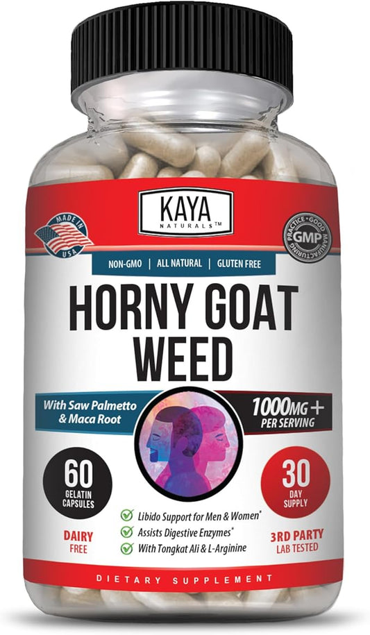 Kaya Naturals Horny Goat Weed Extract with Maca - Complex with Saw Palmetto Ginseng, Arginine Vitamin Supplement - Horny Goat Weed - 60 Count