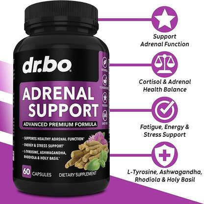 Adrenal Support Cortisol Manager Supplement - Adrenal Fatigue Supplements for Women & Men with Natural Adaptogen Ashwagandha Holy Basil Rhodiola L Tyrosine Complex Fatigue Cortisol Health - 60 Pills