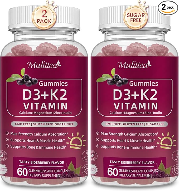 Vitamin D3 10000 IU + K2 (MK7) 200mcg w/Calcium Magnesium Zinc Elderberry & Inulin-Highly Bioavailable-Enhanced Absorption for Immune & Bone Support- K2 D3 Vitamin Supplement-Vegan Gummies