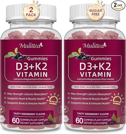 Vitamin D3 10000 IU + K2 (MK7) 200mcg w/Calcium Magnesium Zinc Elderberry & Inulin-Highly Bioavailable-Enhanced Absorption for Immune & Bone Support- K2 D3 Vitamin Supplement-Vegan Gummies