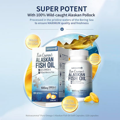 High Purified Omega 3 Supplement Wild Alaskan Fish Oil Burpless & No Fishy Taste, 650mg EPA &270mg DHA of 1250mg Fish Oil softgels, Gluten Free, Heart, Brain& Immune Support, 60 Servings