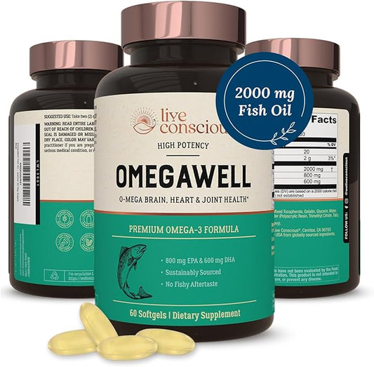 OmegaWell Omega 3 Fish Oil - 2000mg Capsules: Heart, Brain, & Joint Support - 800 mg EPA 600 mg DHA - Sustainably Sourced - Softgels - 30 Day Supply