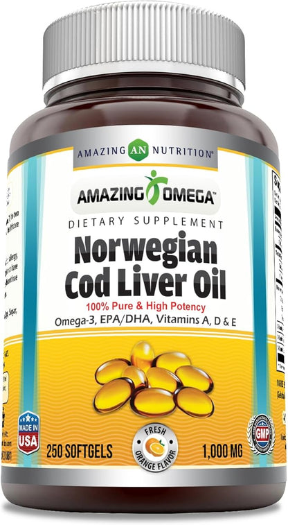 Amazing Omega Norwegian Cod Liver Oil 1000 Mg Softgels Supplement | Omega-3, EPA, DHA, Vitamin A, Vitamin D & Vitamin E (Orange | 250 Count)