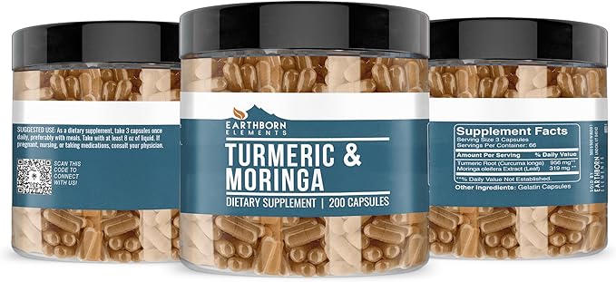Earthborn Elements Turmeric & Moringa 200 Capsules, Pure & Undiluted, No Additives