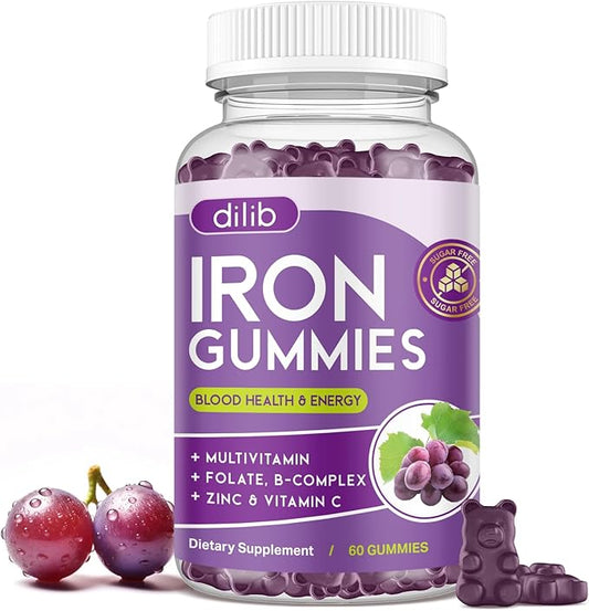 Iron Gummies with Multivitamin, Iron Supplement for Women & Men with Zinc, Vitamin B Complex & C, B12, Folate - Blood Builder & Energy Support for Adults & Kids - Grape Flavor, Vegan 60 Gummies