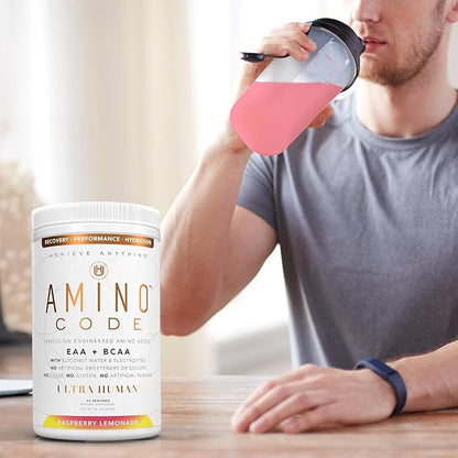 Amino Code | Essential Amino Acids + BCAAs + Coconut Water Electrolytes | Fast Hydration Workout Recovery Amino Energy Powder Drink | Clean Formula, 40 Servings - Raspberry Lemonade