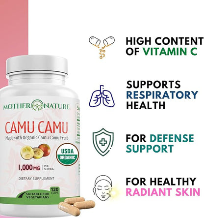 Organic Vitamin C from Camu Camu Capsules 1,000mg, Packed with Natural VIT C, Raw Antioxidants - Immune Support Supplement & Anti-Aging for Skin - Powder Organic, Vegan, Non-GMO (120 Count)
