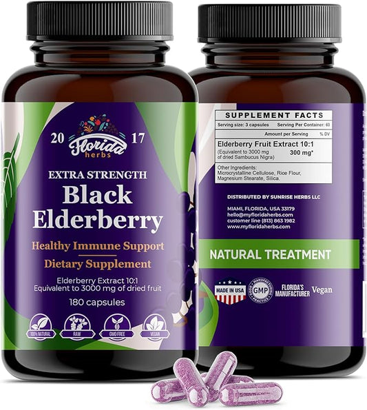 Black Elderberry Capsules | 180 Count | Sambucus Elderberry Vitamins, Non-GMO, Gluten Free, Organic Elderberry Extract Sambucus Nigra