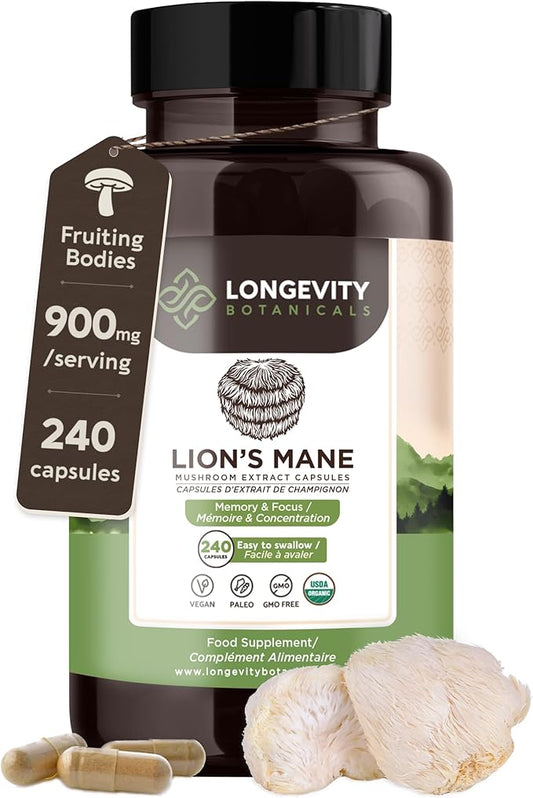 Longevity Botanicals Organic Lion’s Mane Mushroom Extract Capsules (240) | Concentrated 8:1 Ratio | 100% Fruiting Bodies | Hericium Erinaceus Nootropic Supplement for Focus, Memory & Brain Support