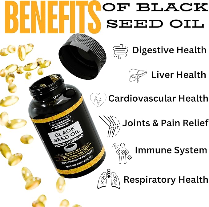 Black Seed Oil - 120 Softgels, 1000mg/Serving, 2% Thymoquinone, Black Cumin Seed Oil, Nigella Sativa, Black Seed Oil Organic Cold Pressed- Supports Health, Hair, Skin & Nails
