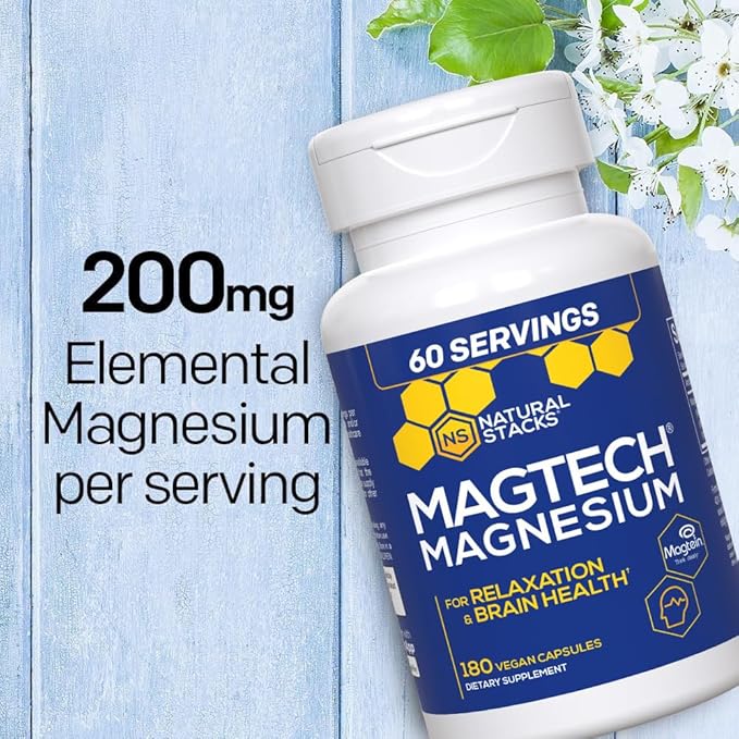MagTech Magnesium Supplement - 3 Forms of Magnesium: Magtein L-Threonate, Glycinate & Taurate - 200mg Chelated Magnesium Complex - Supports Relaxation & Brain Health - 180 Capsules