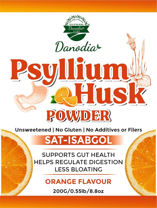 Danodia Foods Organic Psyllium Husk Powder Mild Orange Flavor, 200g (8.8oz) | Sat-Isabgol with 5 Added Herbs | Unsweetened, Gluten-Free, Natural Fiber Supplement for Digestive Health