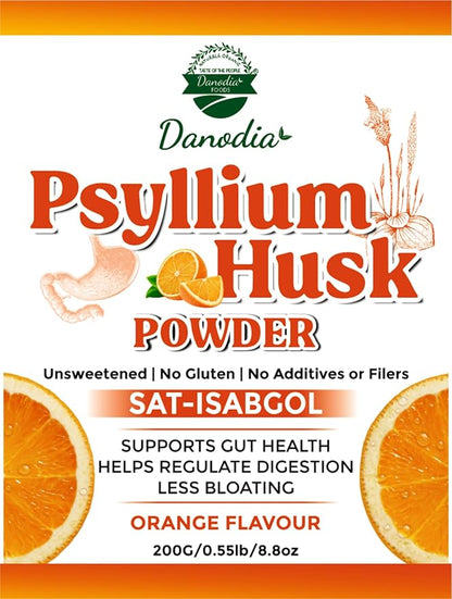 Danodia Foods Organic Psyllium Husk Powder Mild Orange Flavor, 200g (8.8oz) | Sat-Isabgol with 5 Added Herbs | Unsweetened, Gluten-Free, Natural Fiber Supplement for Digestive Health