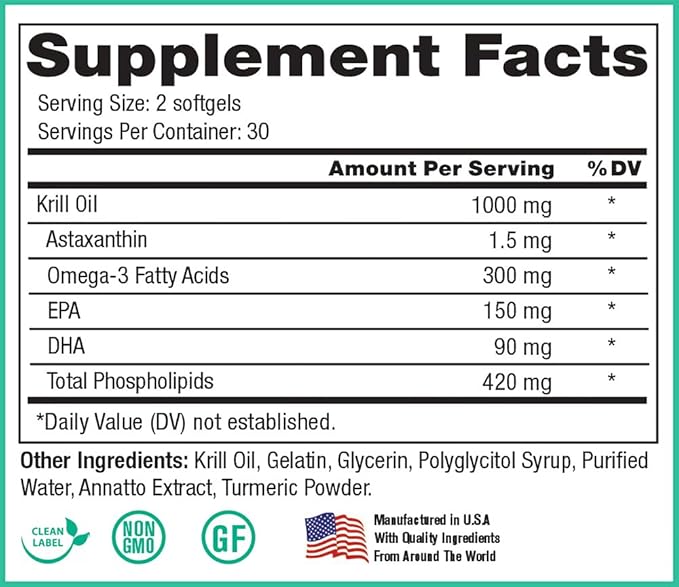 Peak Pure & Natural, Peak Krill Oil Supplement - Better Than Fish Oil for Joint and Heart Health - Krill Oil Brain Supplement - EPA, DHA, and Astaxanthin - 60 softgels