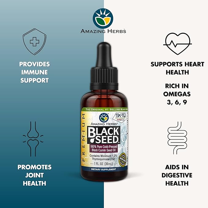Amazing Herbs Premium Black Seed Oil - Gluten Free, Non GMO, Cold Pressed Nigella Sativa Aids in Digestive Health, Immune Support, Brain Function, Joint Mobility - 1 Fl Oz