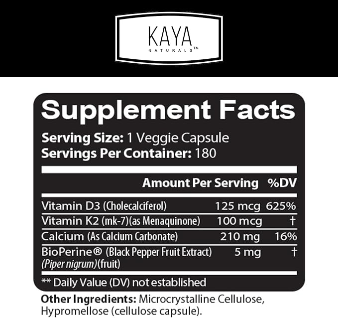 Kaya Naturals Vitamins K2 with D3 5000IU Supplement for Men and Women - Easy to Swallow - Bioperine Capsules (180 Count (Pack of 1)