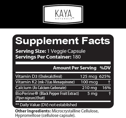 Kaya Naturals Vitamins K2 with D3 5000IU Supplement for Men and Women - Easy to Swallow - Bioperine Capsules (180 Count (Pack of 1)