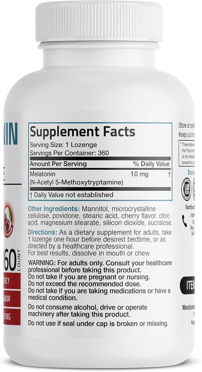 Bronson Melatonin 10mg Fast Dissolve Cherry Flavored Tablets Vegetarian Chewable Lozenges, 360 Count