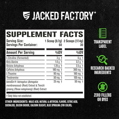 Jacked Factory NITROSURGE Pre Workout Supplement - Energy Booster, Instant Strength Gains, Clear Focus, & Intense Pumps - NO Booster & Powerful Preworkout Energy Powder - 60 Servings, Blue Raspberry