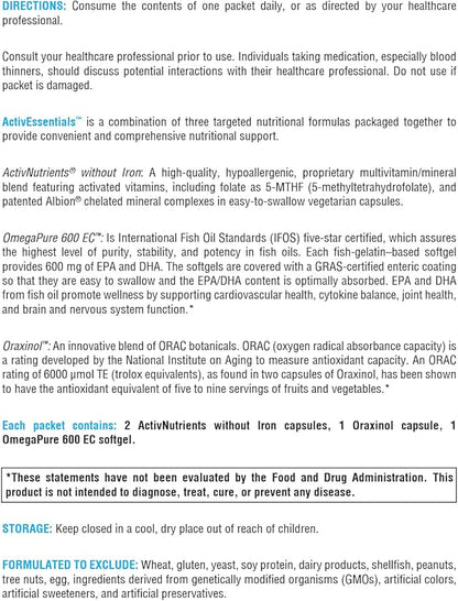 XYMOGEN ActivEssentials Packets - Daily Dose Pack Nutrition with 3 Supplements - ActivNutrients Multivitamin + Mineral Without Iron, Oraxinol, OmegaPure 600 EC Omega-3 Fish Oil (60 Packets)