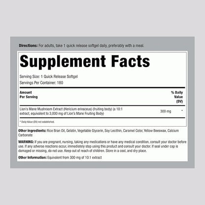 Piping Rock Lions Mane Supplement | 3000mg | 180 Softgel Capsules | Mushroom Fruiting Body Extract | Non-GMO, Gluten Free