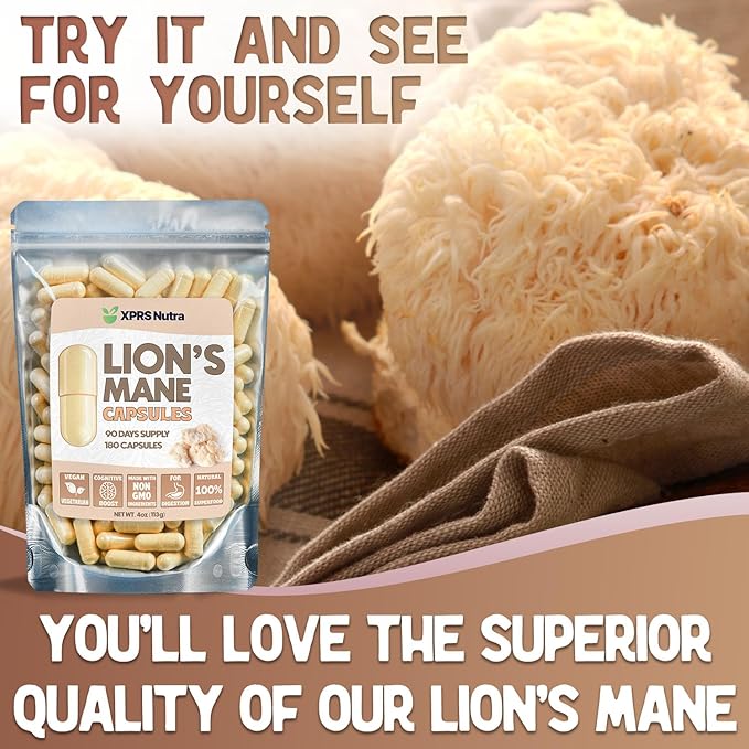 XPRS Nutra Organic Lions Mane Supplement Capsules - 180 Count (90 Day Supply) of Premium Lion's Mane Mushroom Capsules for Mental Clarity, Cognition and Immunity Lions Mane Powder Capsules