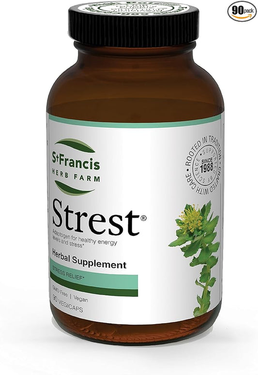 Strest® Capsules (5:1 Powder Extract) Stress Relief Supplements 90 Capsules | One-Month Supply Organic Herbs Ashwagandha Holy Basil Rhodiola Siberian Ginseng Oat Schisandra