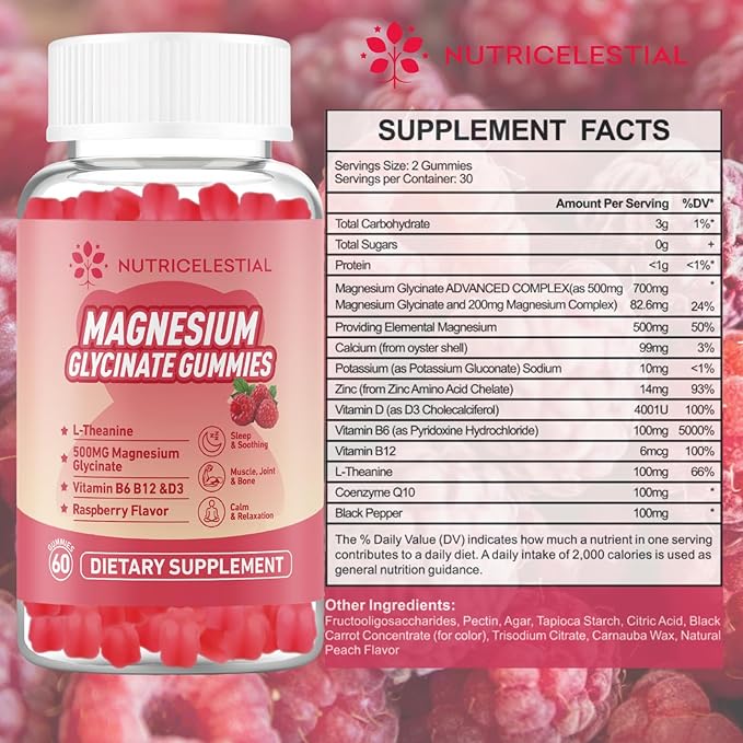 Magnesium Glycinate Gummies 500mg, High Absorption Magnesium Supplement, Suitable for Adults, Sugar-Free, Gelatin-Free, Vegan Friendly, Non-GMO, 60 Raspberry-Flavored Gummies