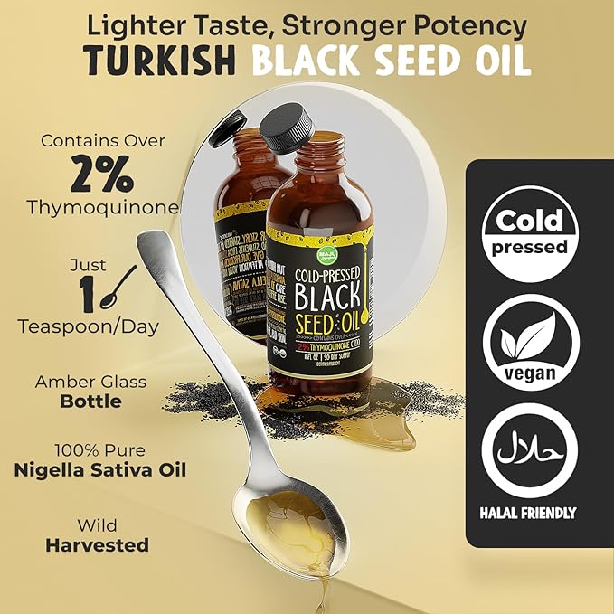 MAJU's Black Seed Oil 16oz: 3X Thymoquinone, Cold Pressed, 100% Turkish Black Cumin Nigella Sativa Seed Oil (Better Than Organic), Non-GMO, 100% Liquid Pure Blackseed Oil, Glass Bottle