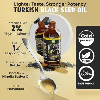MAJU's Black Seed Oil 16oz: 3X Thymoquinone, Cold Pressed, 100% Turkish Black Cumin Nigella Sativa Seed Oil (Better Than Organic), Non-GMO, 100% Liquid Pure Blackseed Oil, Glass Bottle