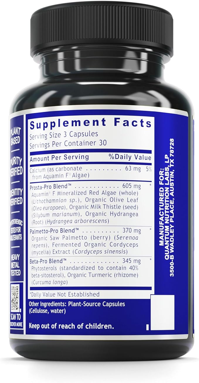 Quantum Nutrition Labs Prostate Support - Prostate Supplements for Men, Prostate Health Formula, Natural Supplement with Organic Saw Palmetto - 90 Vegetarian Capsules