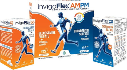INVIGOFLEX® AMPM - Glucosamine & Chondroitin Sulfate - Turmeric Curcumin - Boswellia Serrata (Non GMO) for Knees, Hands, Back and Hip 24 - Hour Premium Joint Supplement