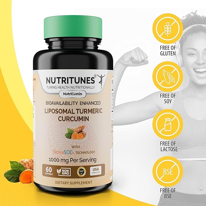 NutriCumin – Liposomal Turmeric Curcumin 1000mg with NovaSOL Technology for Maximum Absorption and Bioavailability - Made in USA with Globally Sourced Premium Ingredients, 60 Softgels