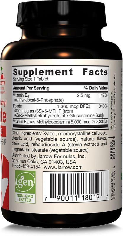 Jarrow Formulas Ultra Strength Methyl B-12 5000 mcg & Methyl Folate 800 mcg + P-5-P, Dietary Supplement for Cellular Energy Metabolism and Cardiovascular Support, 60 Chewable Tablets, 60 Day Supply
