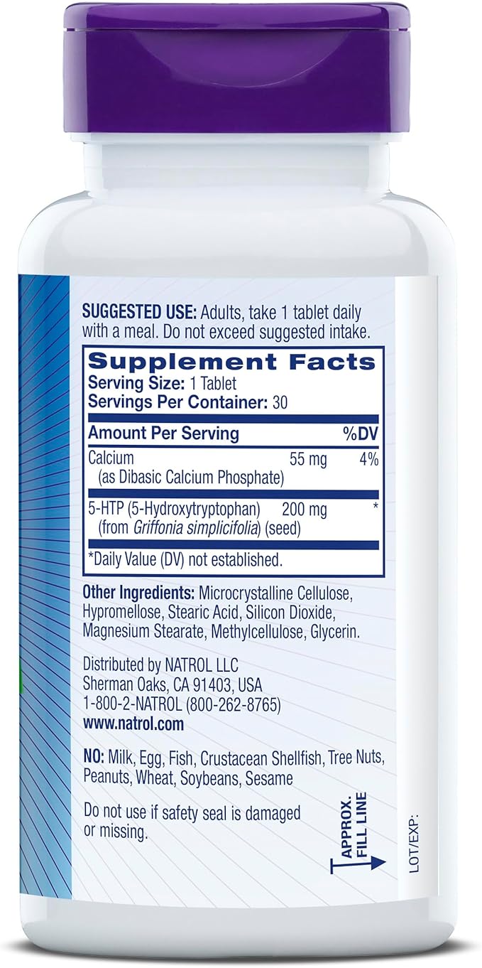 Natrol 5-HTP 200 mg, Time Release, Support a Balanced Mood, Dietary Supplement Provides Serotonin Production Throughout the Day, 30 Tablets, Up to a 30 Day Supply