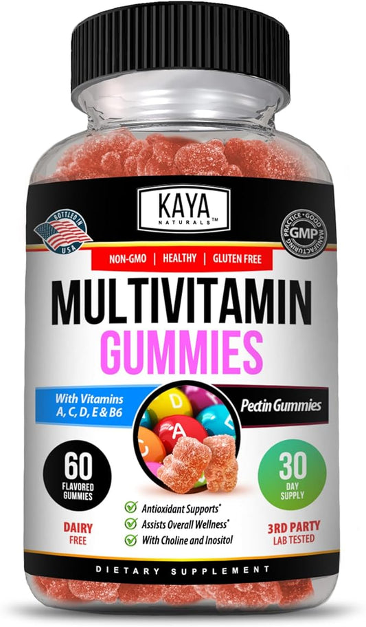 Kaya Naturals Adult Multi Vitamin Gummy, Biotin, Vitamin A, C & E, Including Zinc &Vitamin B-12, Folic Acid, Strawberry Flavor | Gluten-Free multivitamins Sweet Adult Gummies - 60 Gummies