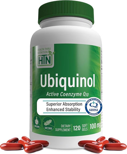Health Thru Nutrition Ubiquinol 100mg 120 Softgels as Kaneka QH Reduced CoQ-10 | Stabilized - 3rd Party Tested | Enhanced Bioavailability | Cardiovascular & Mitochondria Function Support | Non-GMO