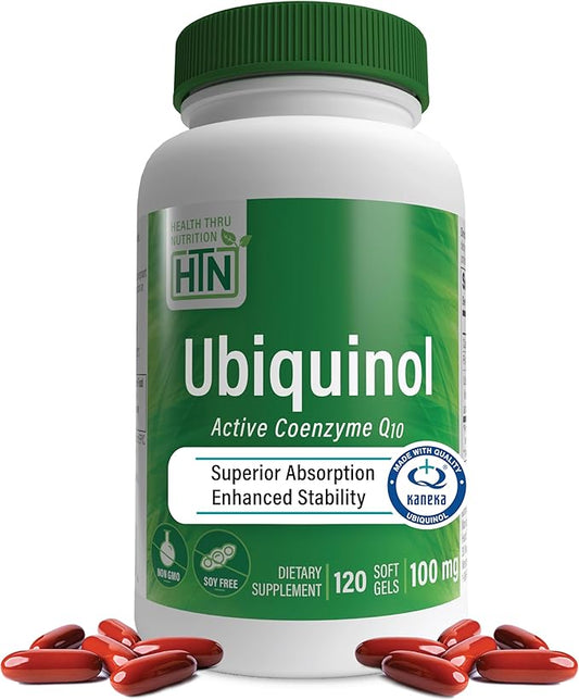 Health Thru Nutrition Ubiquinol 100mg 120 Softgels as Kaneka QH Reduced CoQ-10 | Stabilized - 3rd Party Tested | Enhanced Bioavailability | Cardiovascular & Mitochondria Function Support | Non-GMO