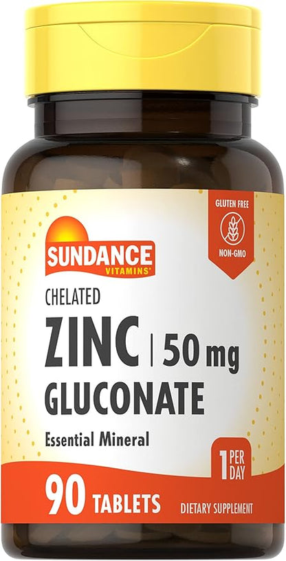 Sundance Zinc Gluconate 50mg | 90 Tablets | Chelated Essential Mineral | Vegetarian, Non-GMO, and Gluten Free Supplement