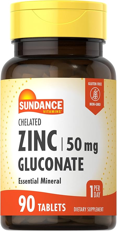 Sundance Zinc Gluconate 50mg | 90 Tablets | Chelated Essential Mineral | Vegetarian, Non-GMO, and Gluten Free Supplement