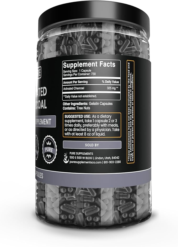 PURE ORIGINAL INGREDIENTS Activated Charcoal (730 Capsules) No Magnesium or Rice Fillers, Always Pure, Lab Verified