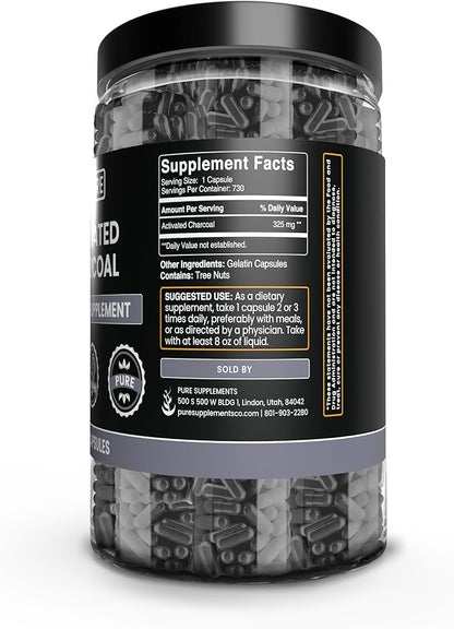 PURE ORIGINAL INGREDIENTS Activated Charcoal (730 Capsules) No Magnesium or Rice Fillers, Always Pure, Lab Verified