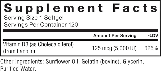 FORCE FACTOR Vitamin D3 5000 IU Softgels, High-Potency Vitamin D Supplement to Support Immunity and Bone Health, Premium Quality, No Preservatives, 120 Softgels