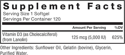 FORCE FACTOR Vitamin D3 5000 IU Softgels, High-Potency Vitamin D Supplement to Support Immunity and Bone Health, Premium Quality, No Preservatives, 120 Softgels