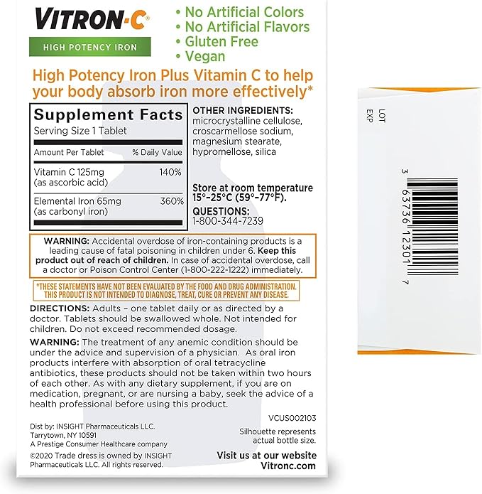 Vitron - C High Potency Iron Supplement Tablets - 60 Ta