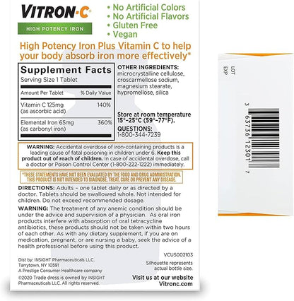 Vitron - C High Potency Iron Supplement Tablets - 60 Ta