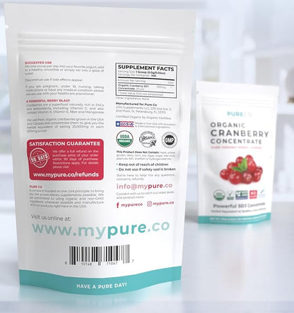 USDA Organic Cranberry Concentrate (50:1) Powder - 500mg is Equivalent to 25,000mg of Fresh Cranberries - for Kidney Cleanse & UTI Support Vitamins - Women - Supplement - 100 Servings - No Pills