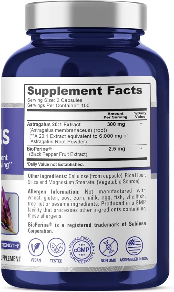 NusaPure Astragalus 20:1 Extract, 300 mg Equivalent to 6,000mg Per Serving, 200 Veggie Capsules, Non-GMO & Bioperine