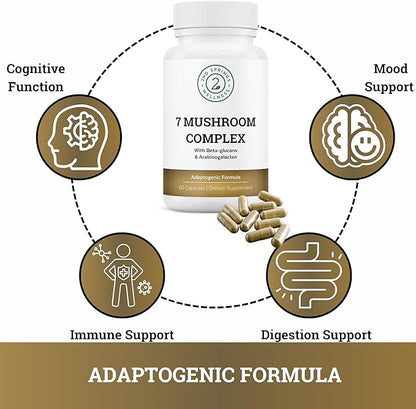 Organic Mushroom Complex - 7 Mushroom Blend Immune Support Nootropic & Cognitive Health Supplement with Organic Lion's Mane, Chaga, Maitake, Shiitake, Reishi, Turkey Tails, Cordyceps Mix
